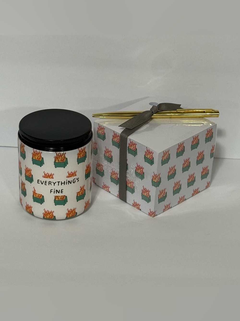 Hallmark Shoebox Dumpster Fire Candle and Tower of Notes Pen Set NWT